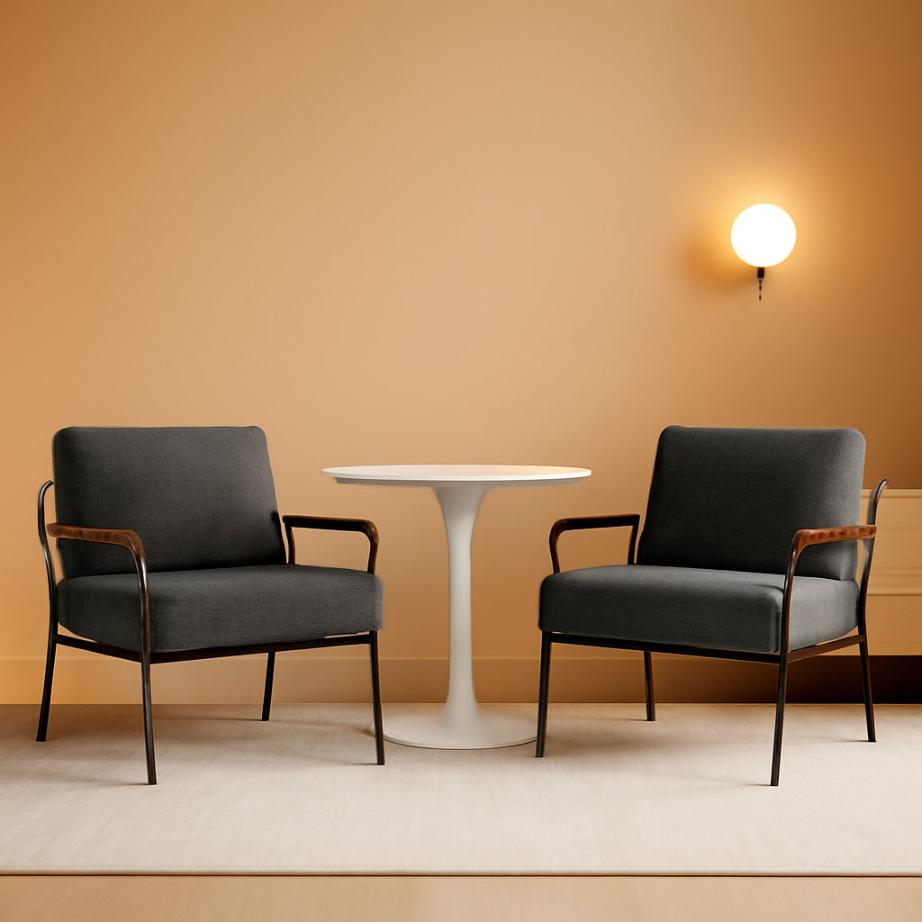 Contemporary Vintage Armchairs Linen Grey Wood Armrests