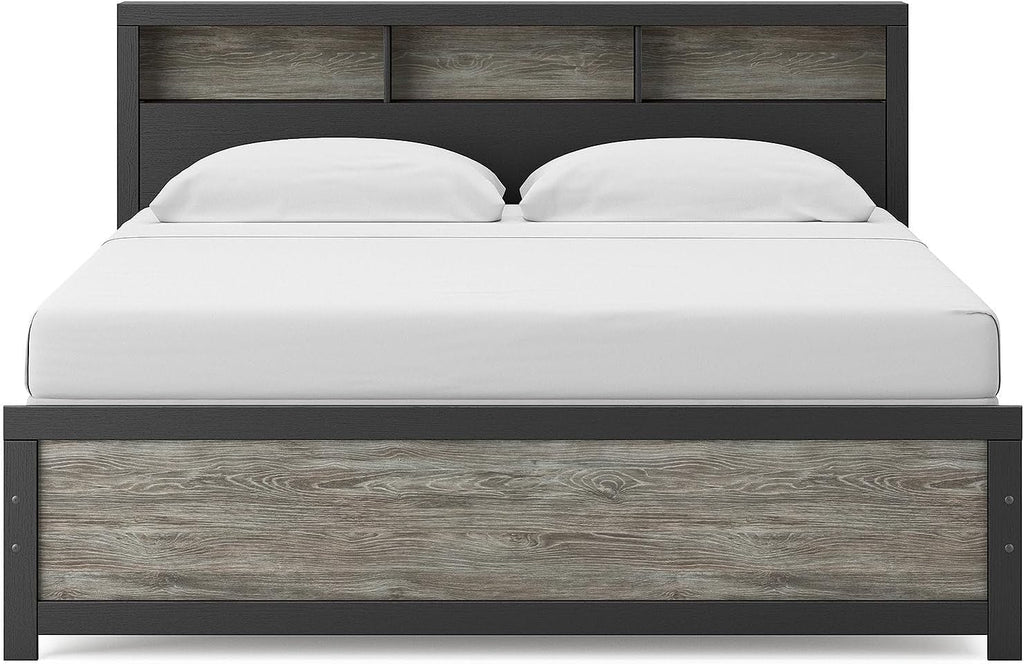 King Bed Frame With Bookcase Headboard Warm Gray Matte Black