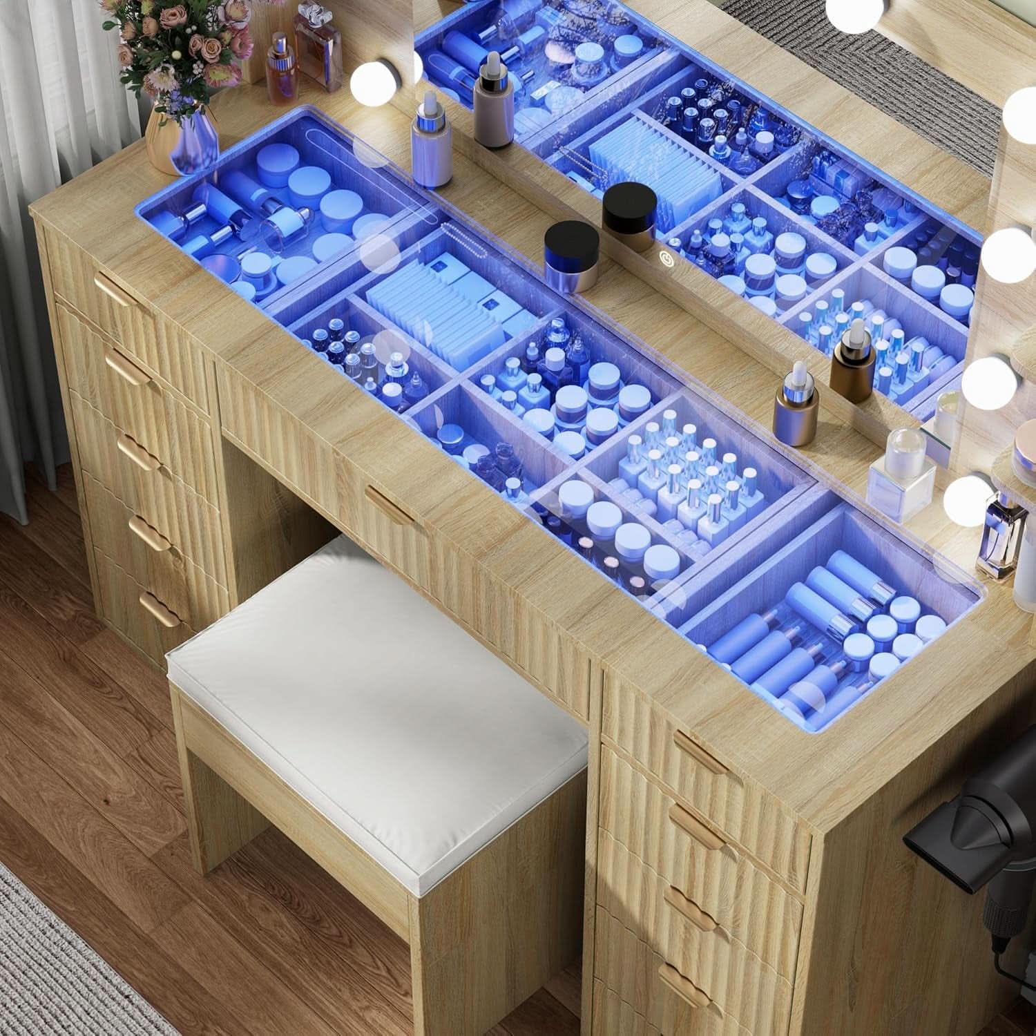 Vanity Desk With Translucent Glass Top Storage Drawers