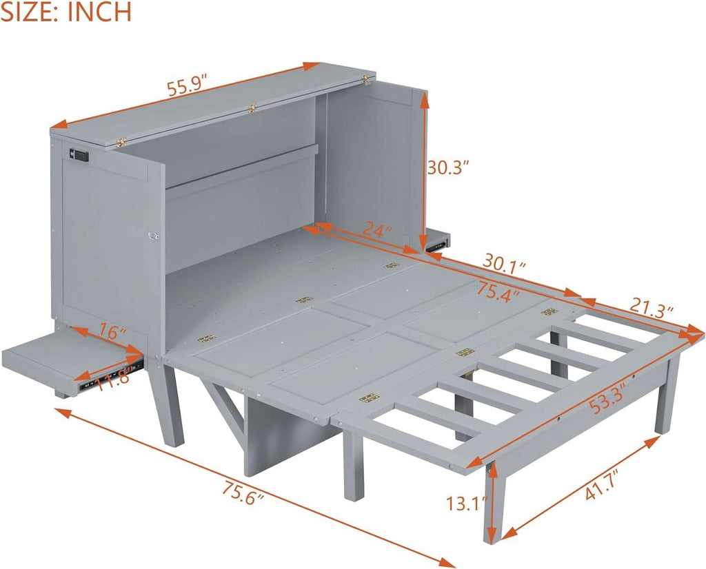 Gray Full Size Murphy Bed With Foldable Integrated USB Port Shelves
