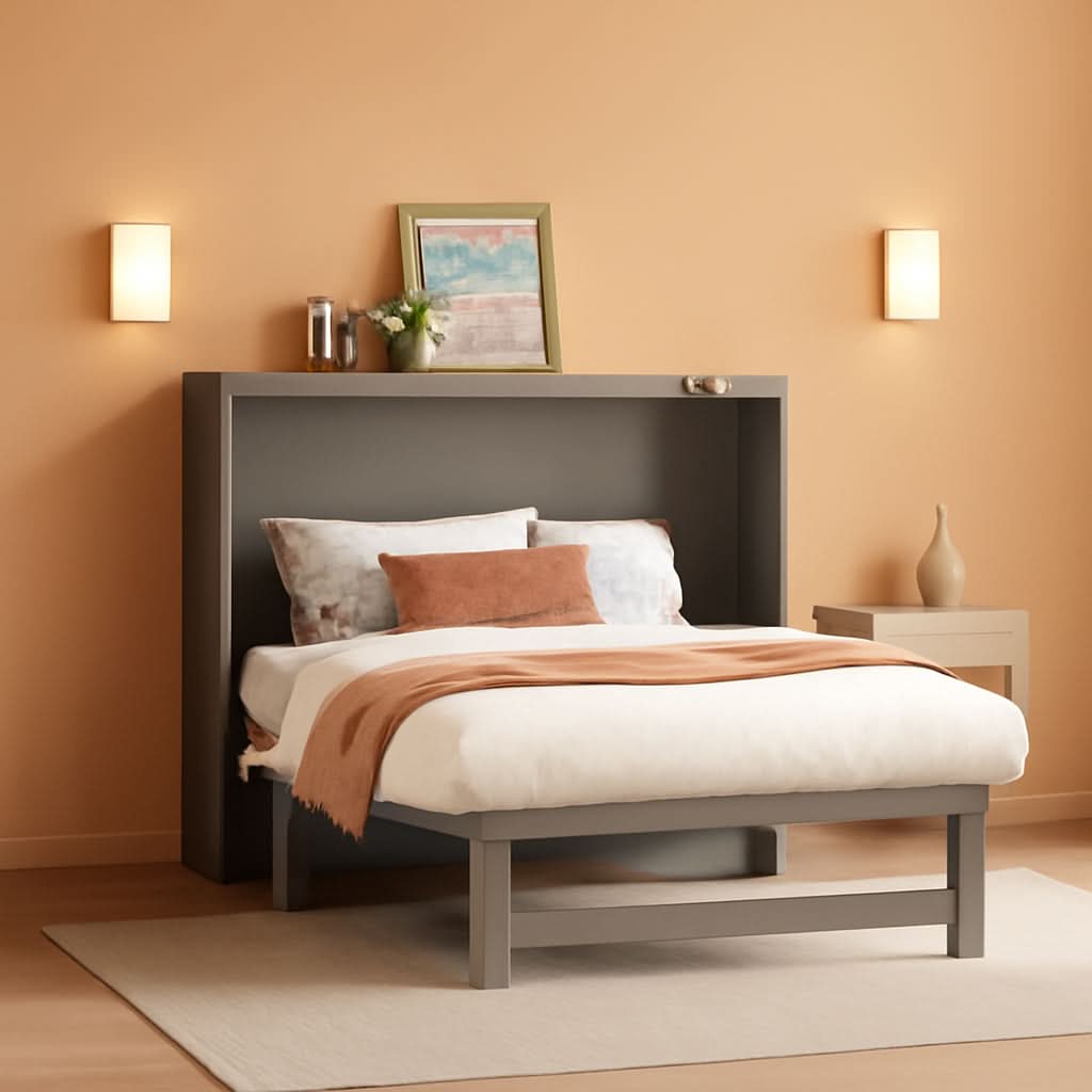 Gray Full Size Murphy Bed With Foldable Integrated USB Port Shelves
