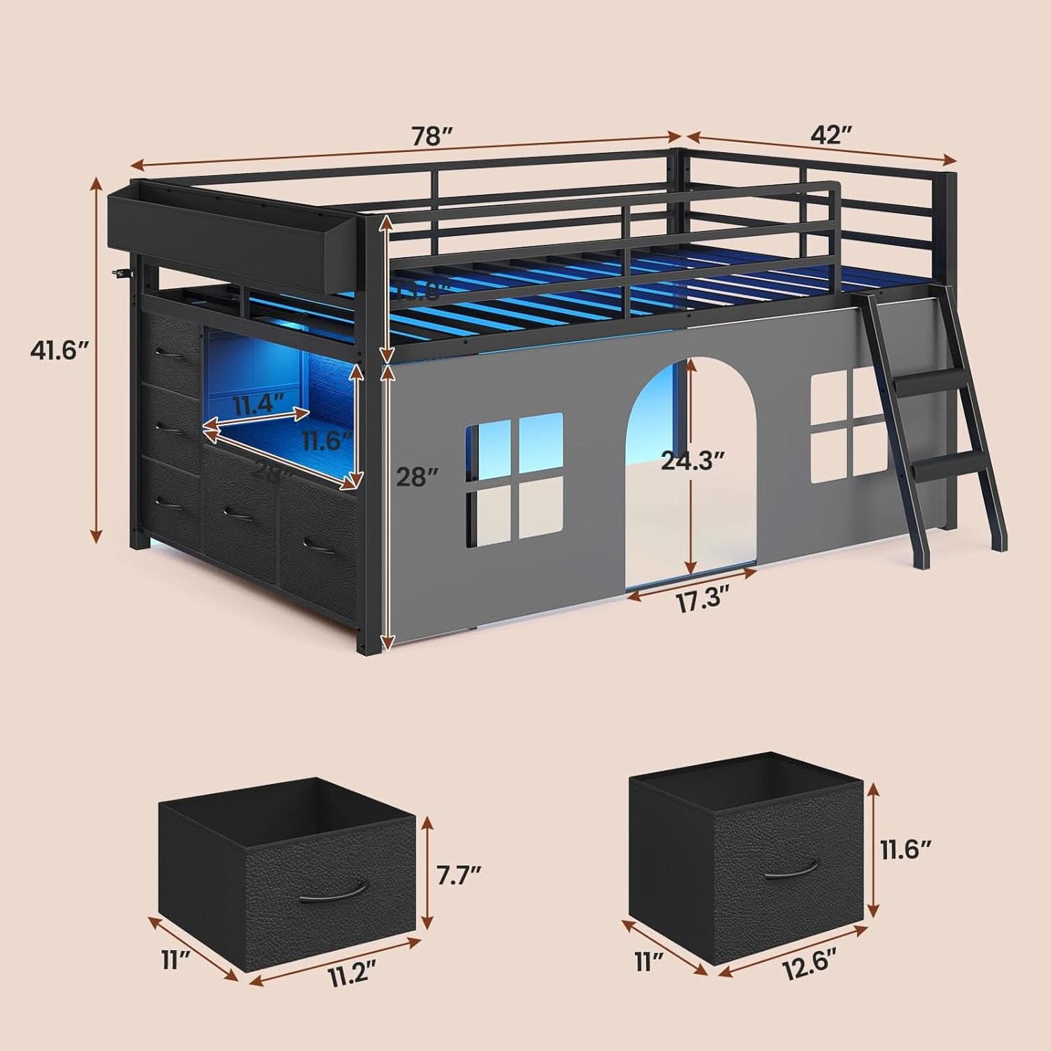 Black Twin Loft Bed Industrial Grade All Steel Frame LED