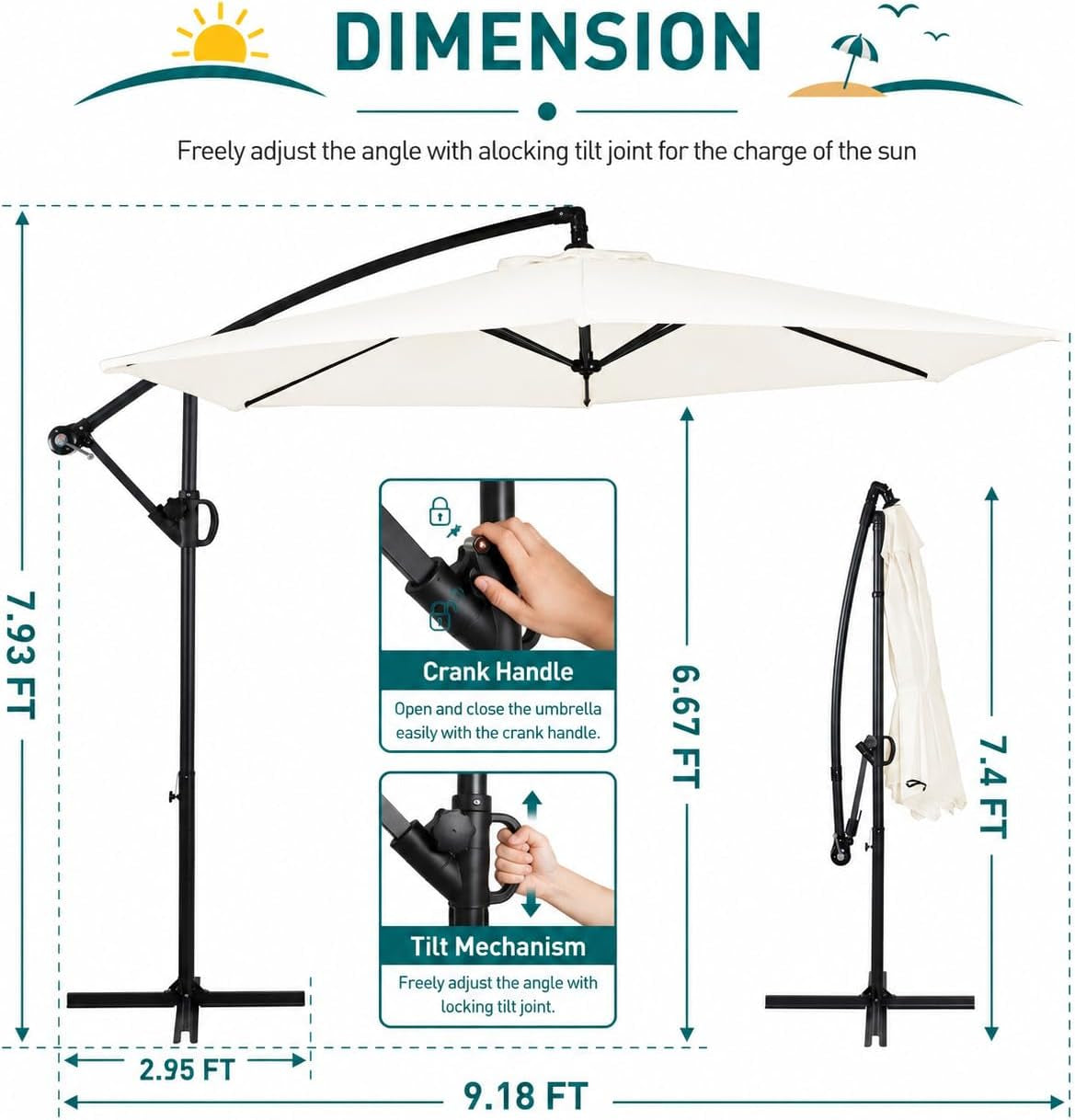 9ft Off set Cantilever Weatherproof Umbrella With Tilt