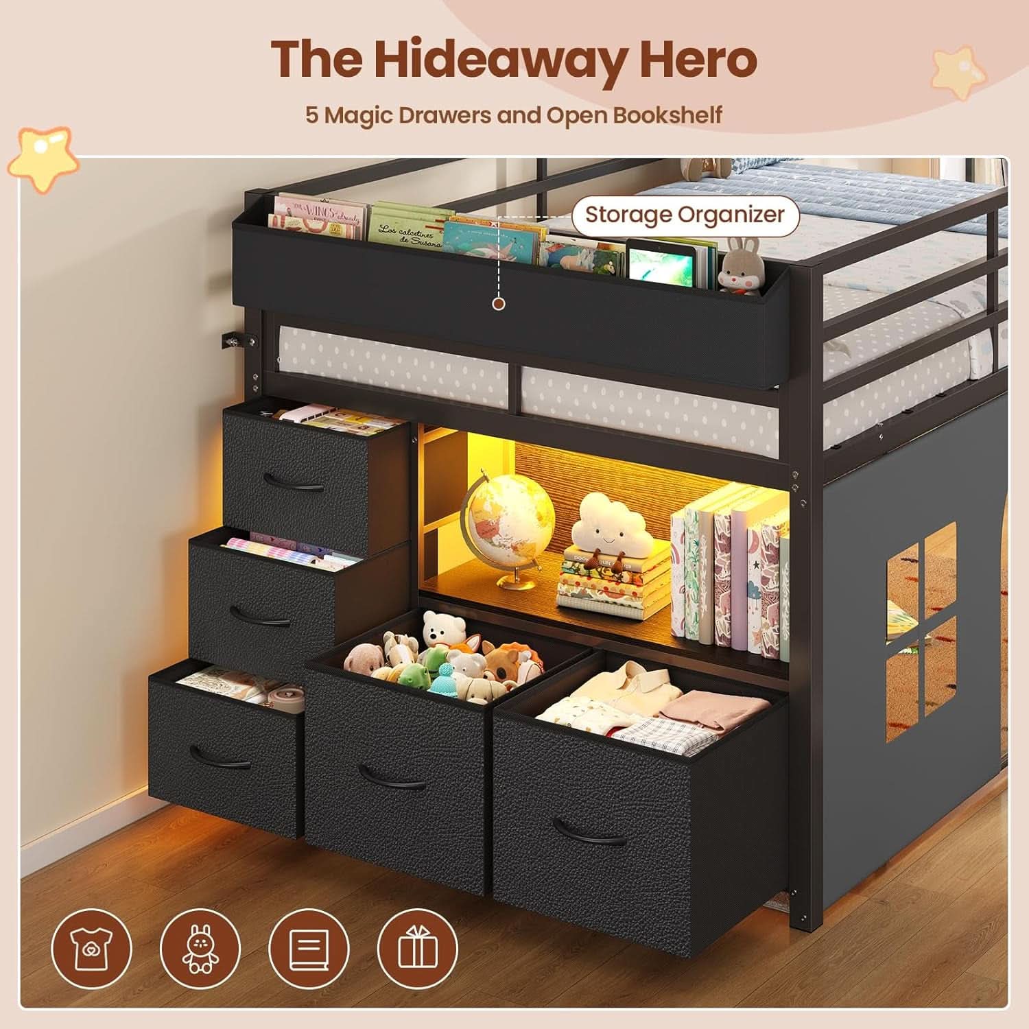 Black Twin Loft Bed Industrial Grade All Steel Frame LED