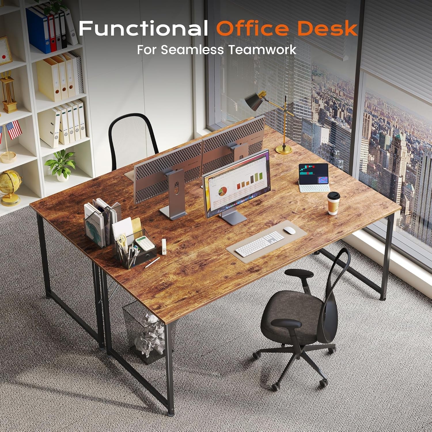 55Inch Computer Desk Deep Desktop Rustic Brown Metal Frame