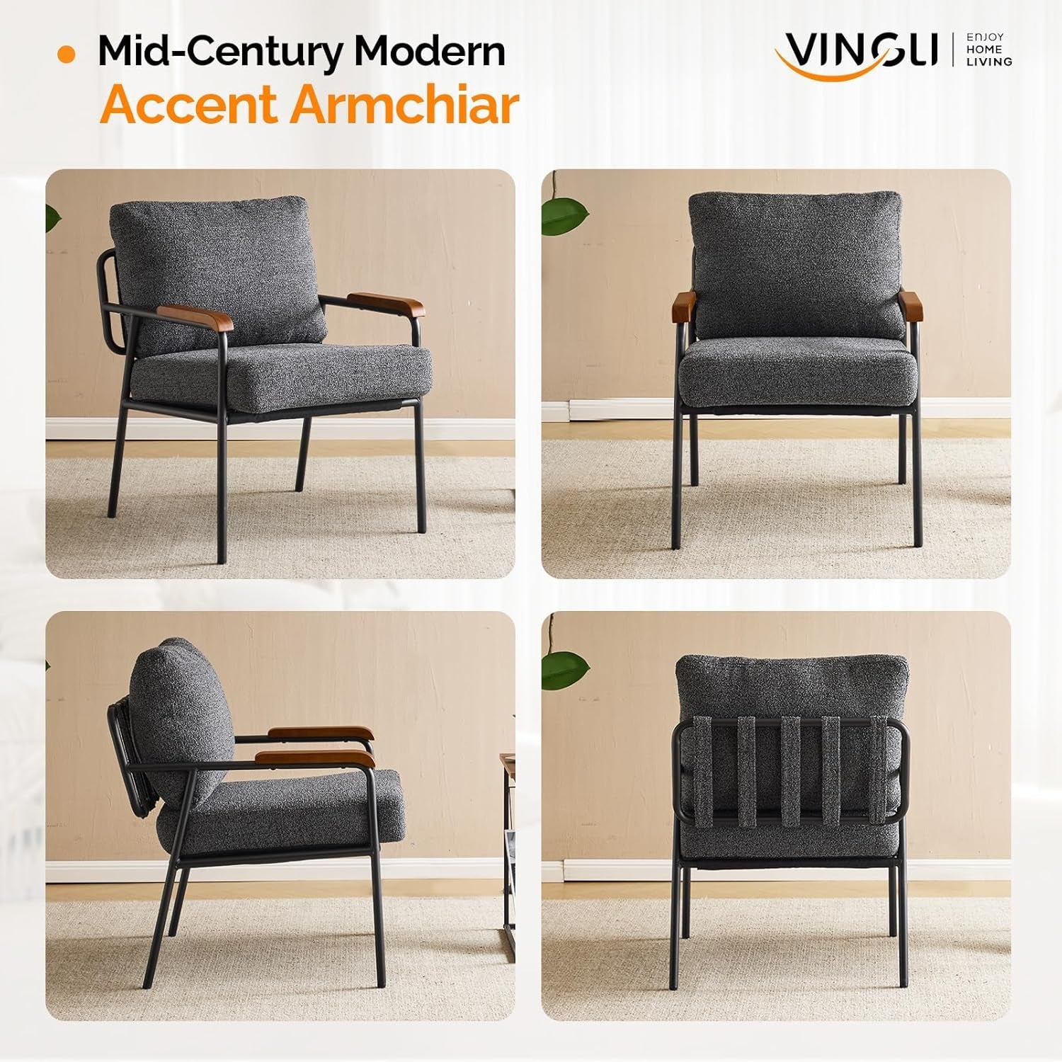 Contemporary Vintage Armchairs Linen Grey Wood Armrests