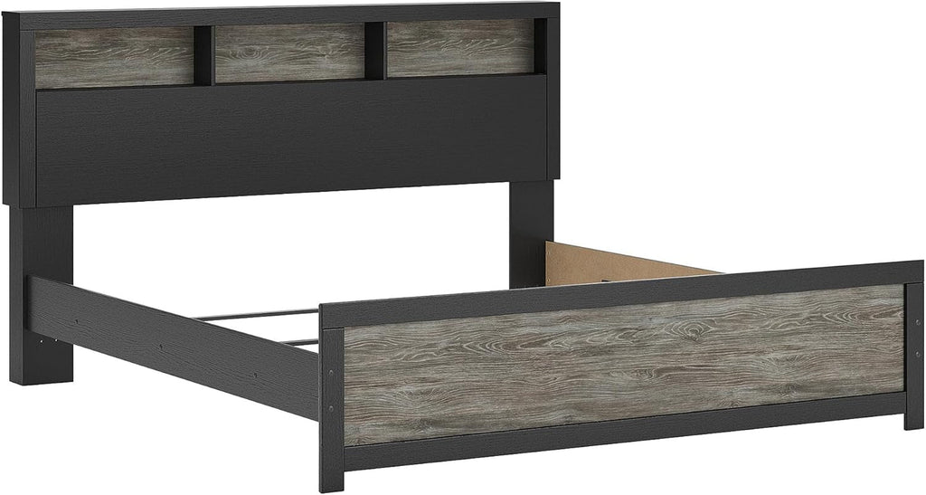 King Bed Frame With Bookcase Headboard Warm Gray Matte Black