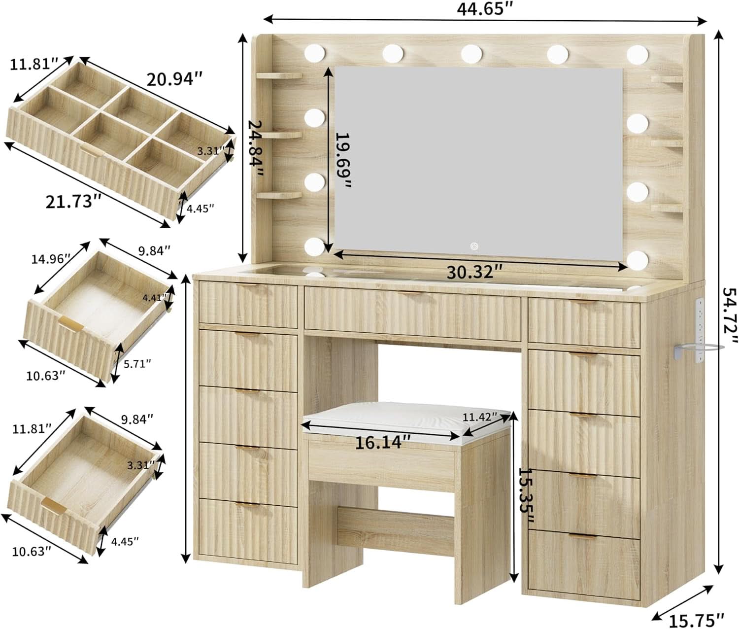 Vanity Desk With Translucent Glass Top Storage Drawers
