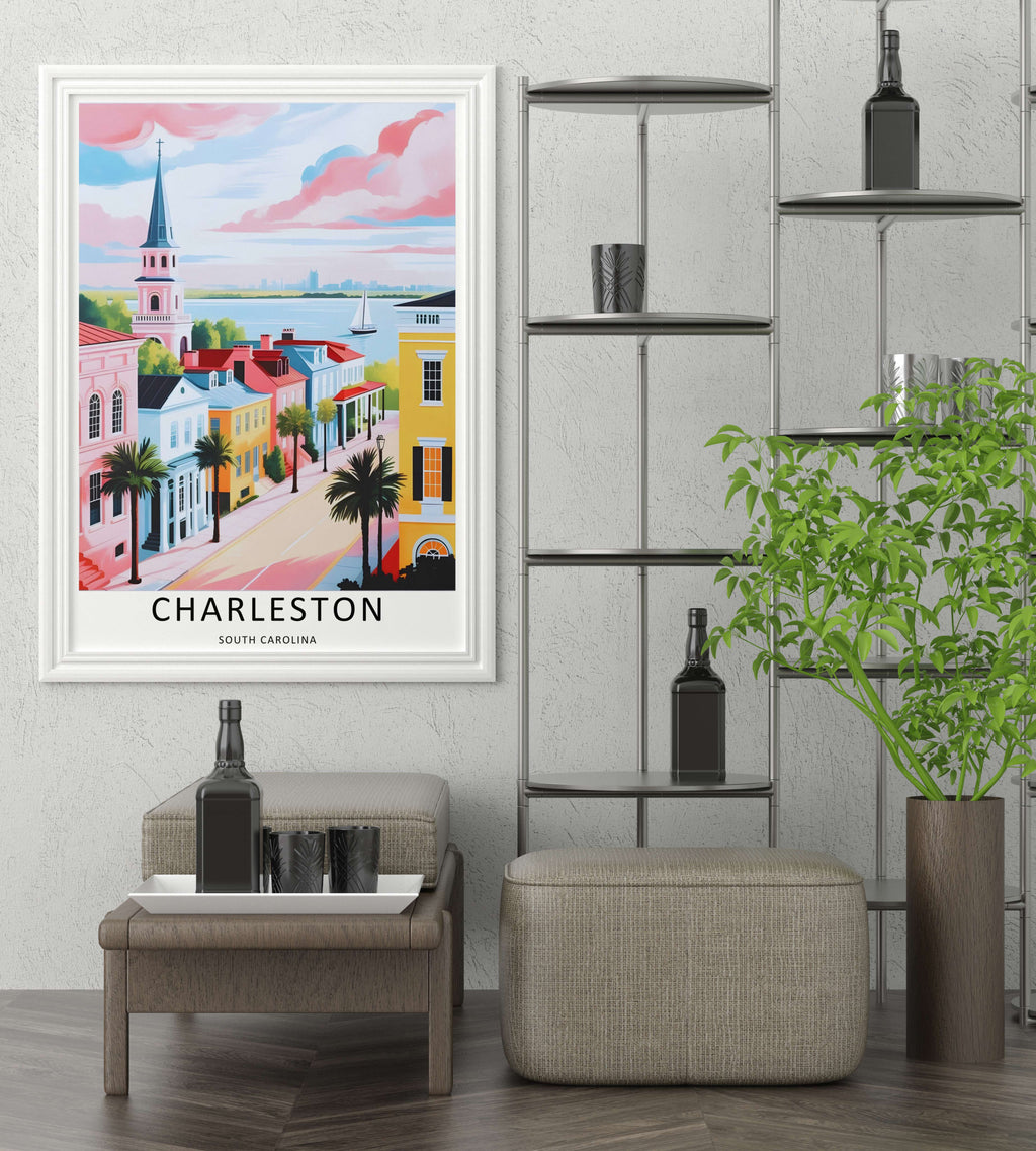 Charleston Retro Travel Poster: Pastel Harbor Overlook Sunset Wall Art