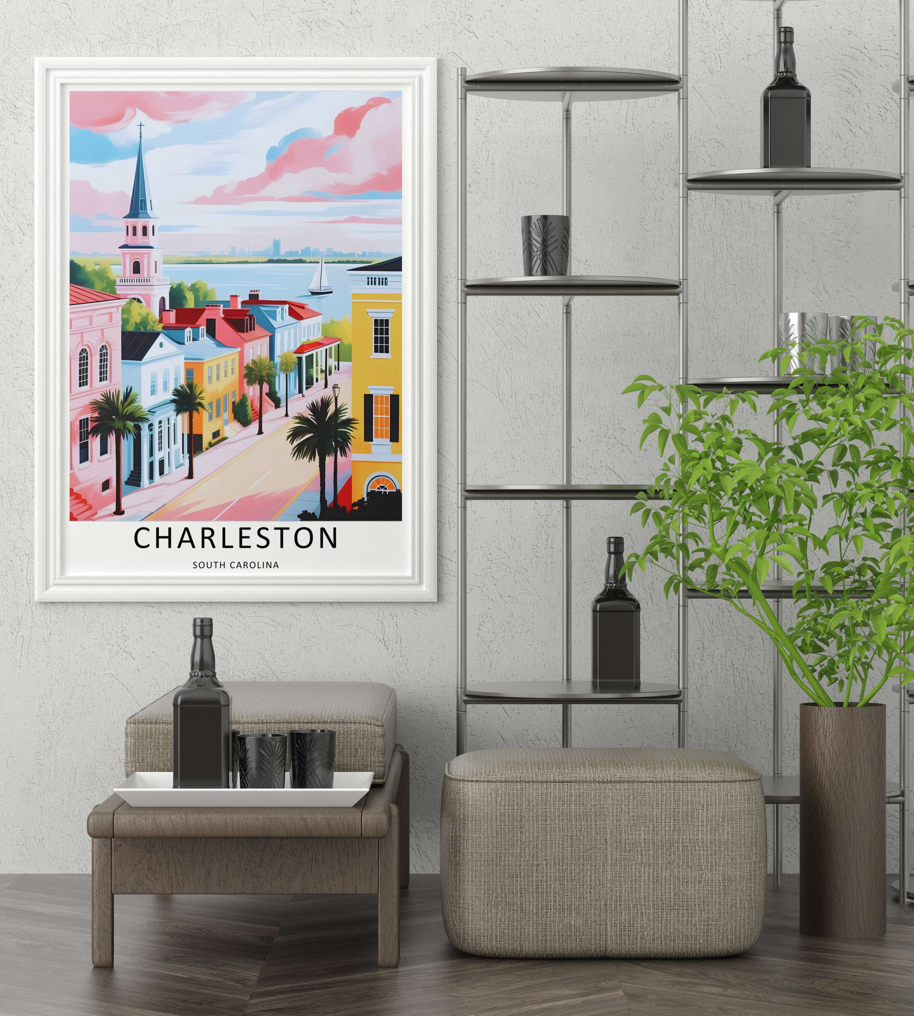 Charleston Retro Travel Poster: Pastel Harbor Overlook Sunset Wall Art