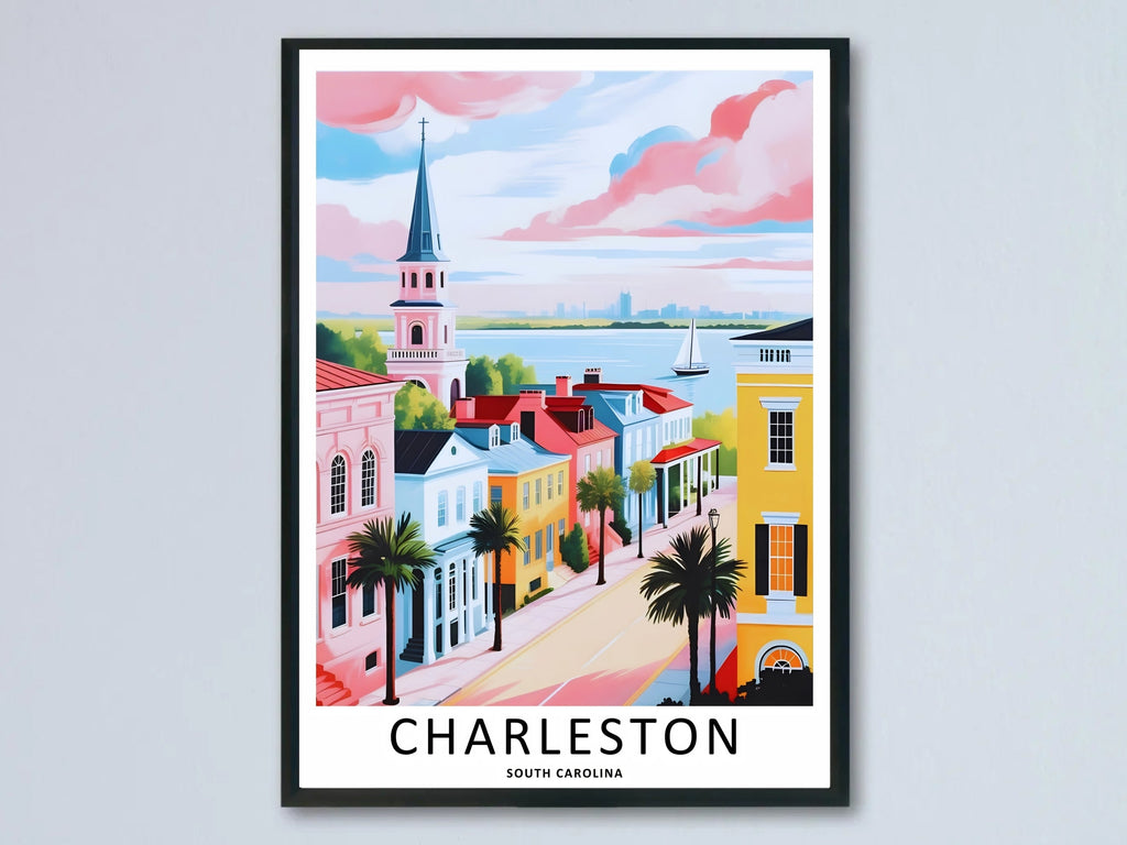 Charleston Retro Travel Poster: Pastel Harbor Overlook Sunset Wall Art