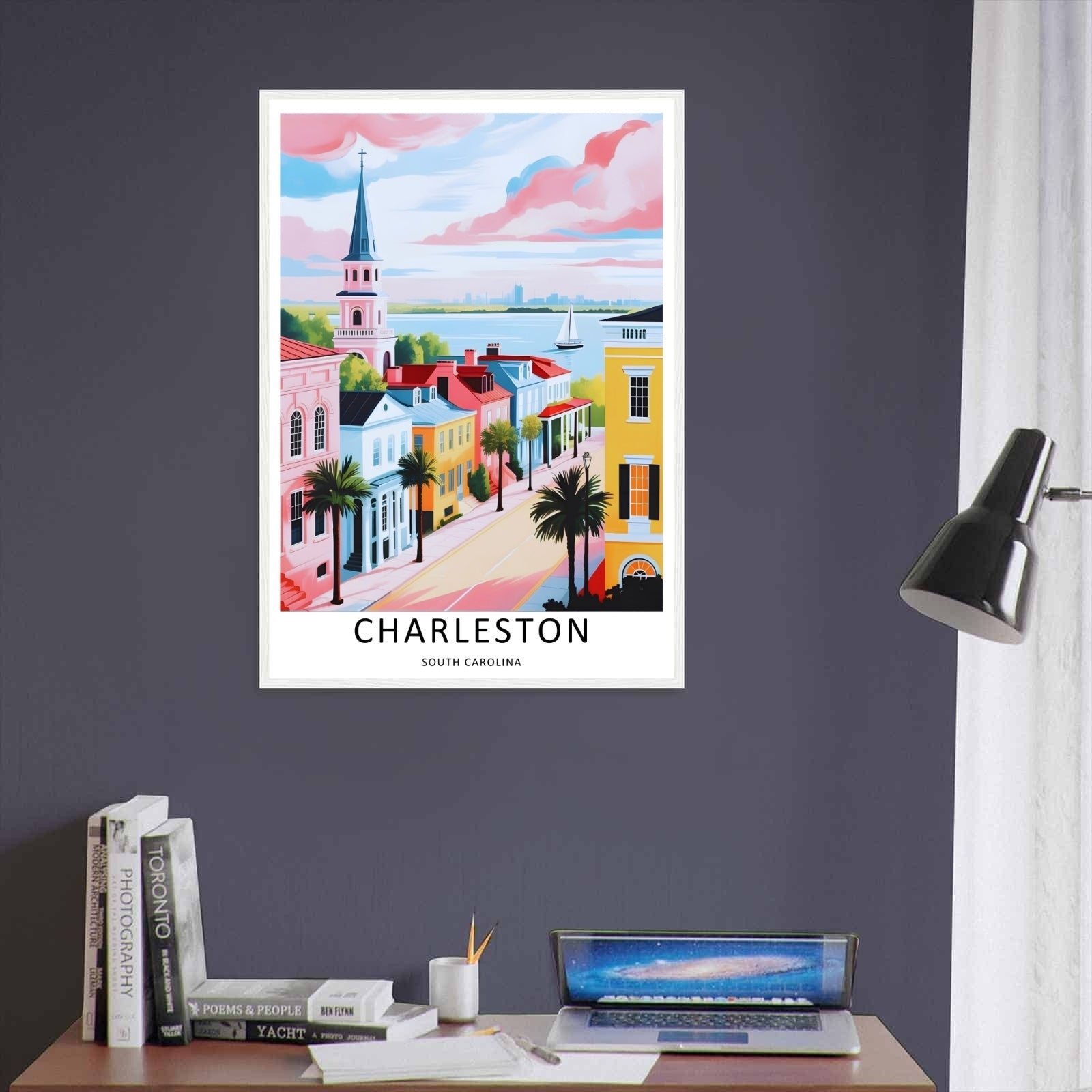 Charleston Retro Travel Poster: Pastel Harbor Overlook Sunset Wall Art