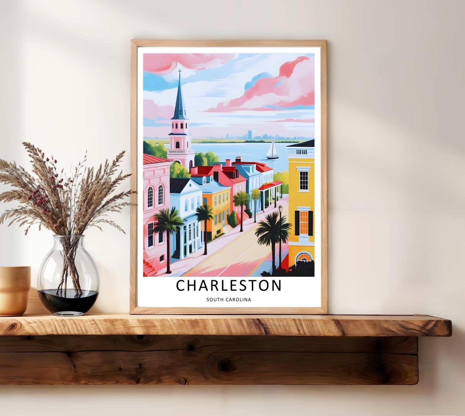 Charleston Retro Travel Poster: Pastel Harbor Overlook Sunset Wall Art