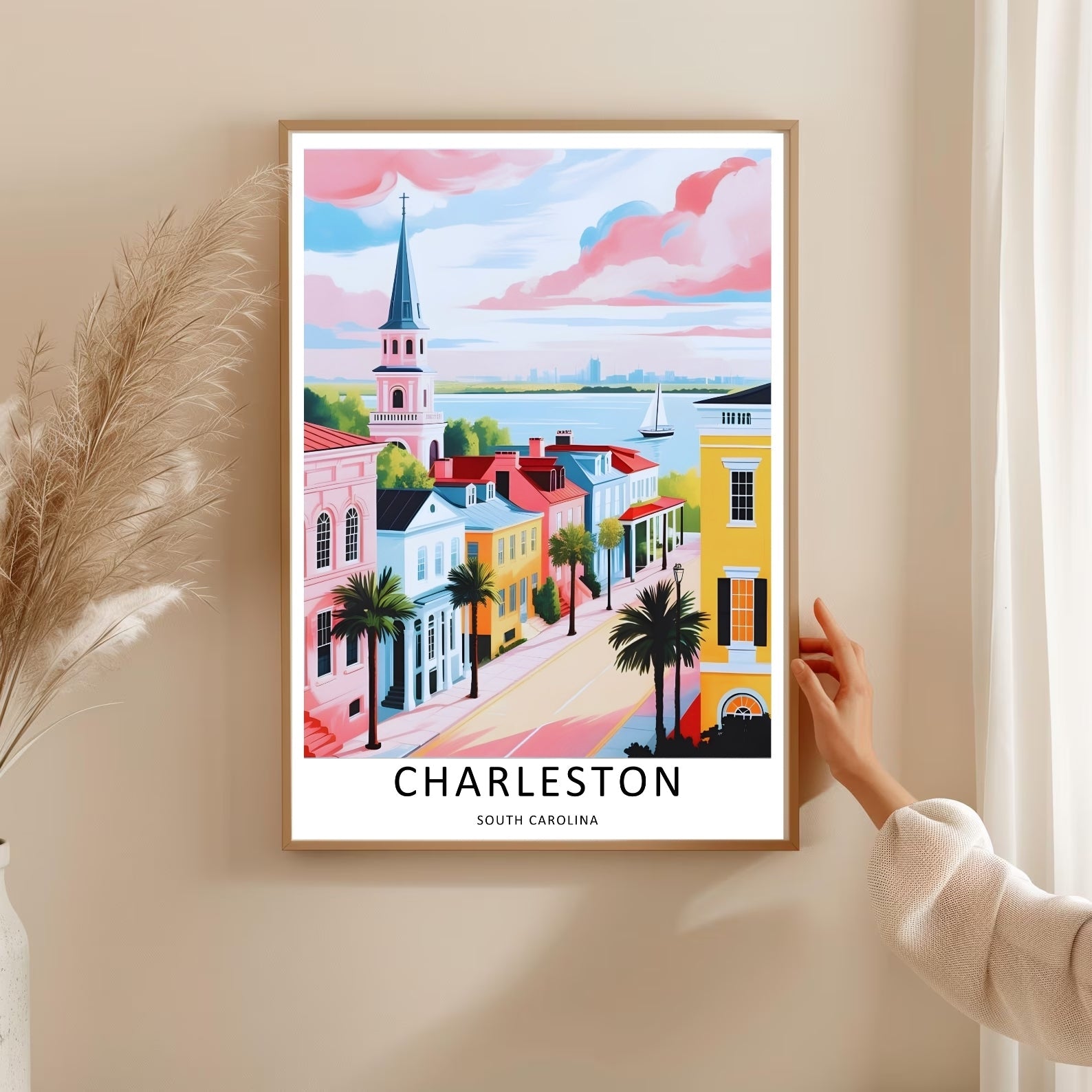 Charleston Retro Travel Poster: Pastel Harbor Overlook Sunset Wall Art