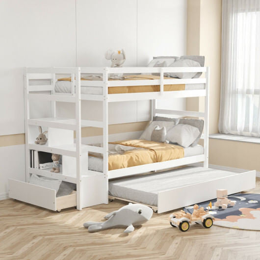 Twin Over Twin Bunk Bed with Storage Shelf and Drawer-Dark Brown