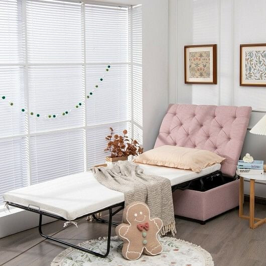 Folding Ottoman Sleeper Bed with Mattress for Guest Bed and Office Nap-Pink