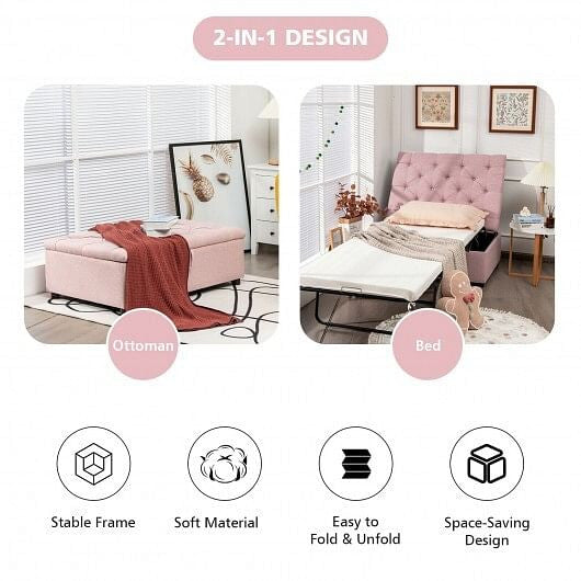 Folding Ottoman Sleeper Bed with Mattress for Guest Bed and Office Nap-Pink