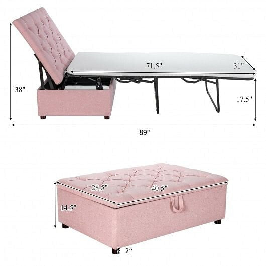 Folding Ottoman Sleeper Bed with Mattress for Guest Bed and Office Nap-Pink