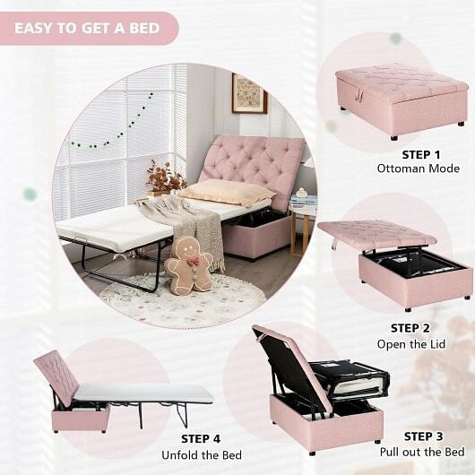 Folding Ottoman Sleeper Bed with Mattress for Guest Bed and Office Nap-Pink