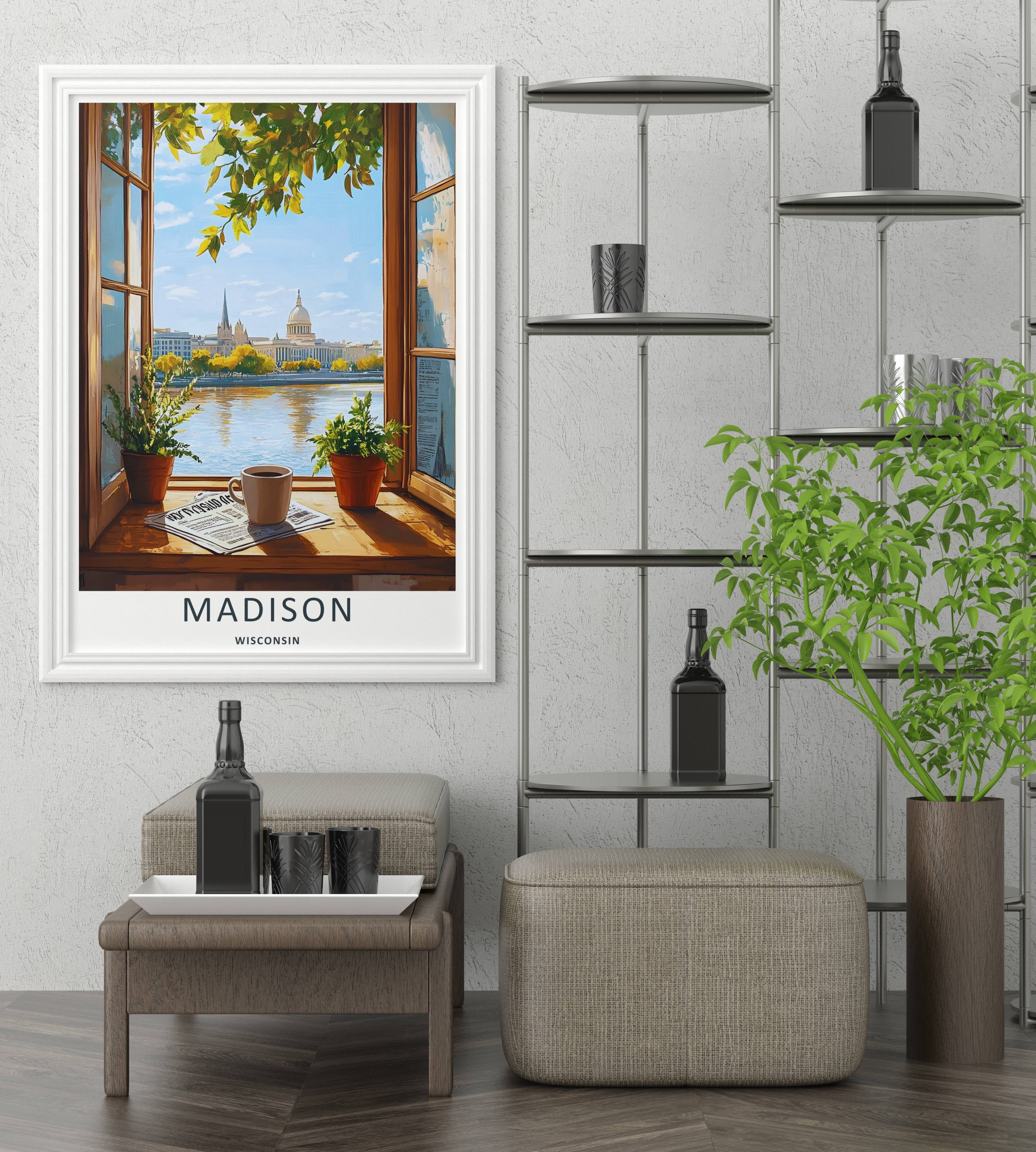 Madison Wisconsin Capitol Window Lake Art | Cozy Retro Travel Poster