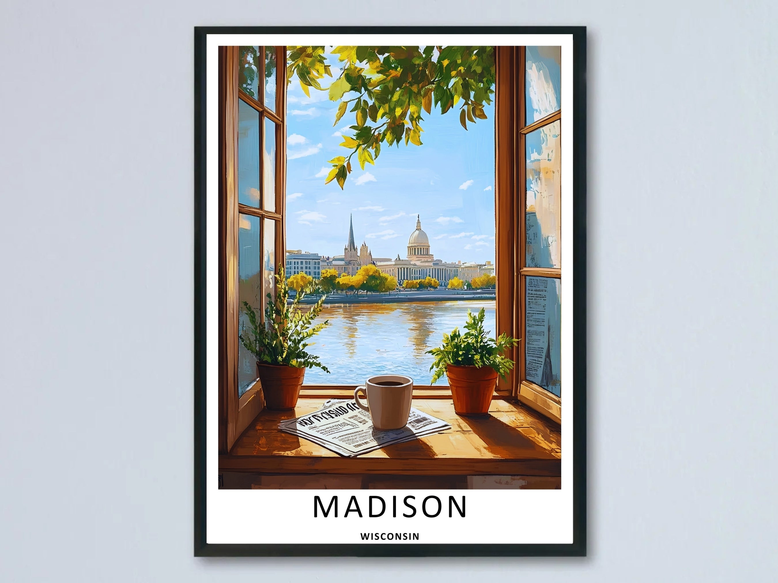Madison Wisconsin Capitol Window Lake Art | Cozy Retro Travel Poster