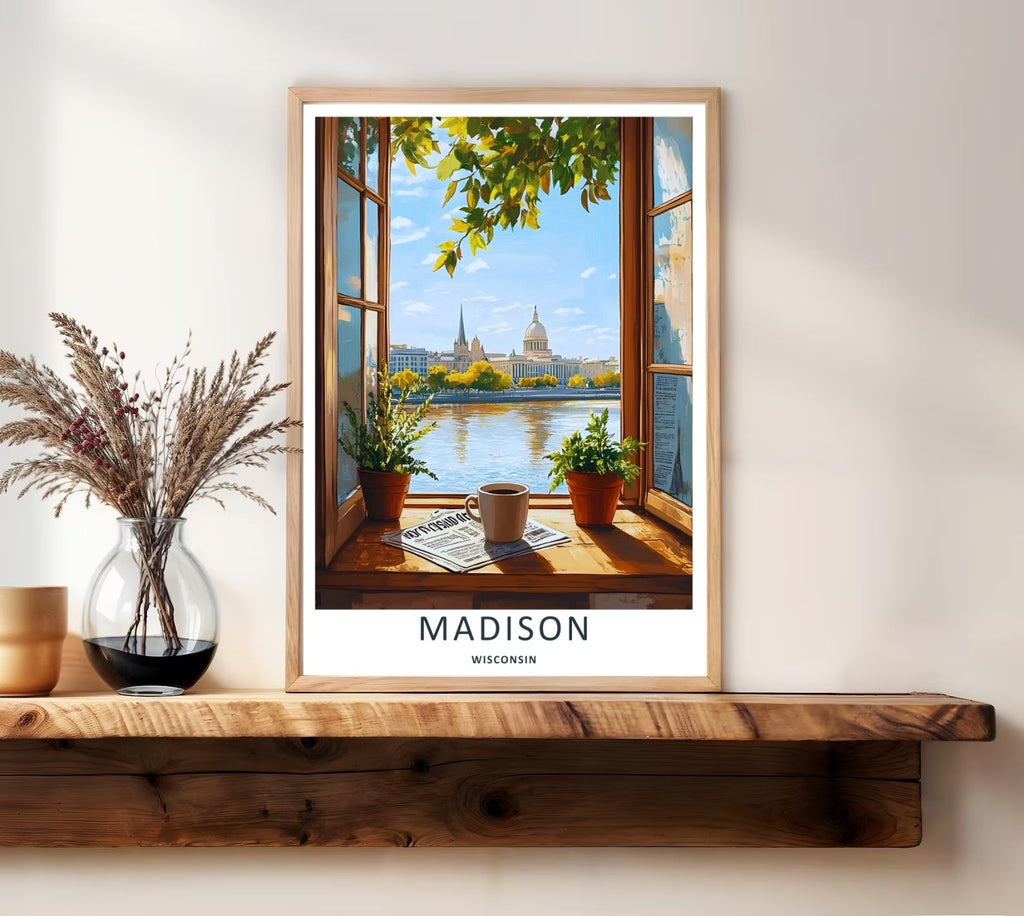 Madison Wisconsin Capitol Window Lake Art | Cozy Retro Travel Poster