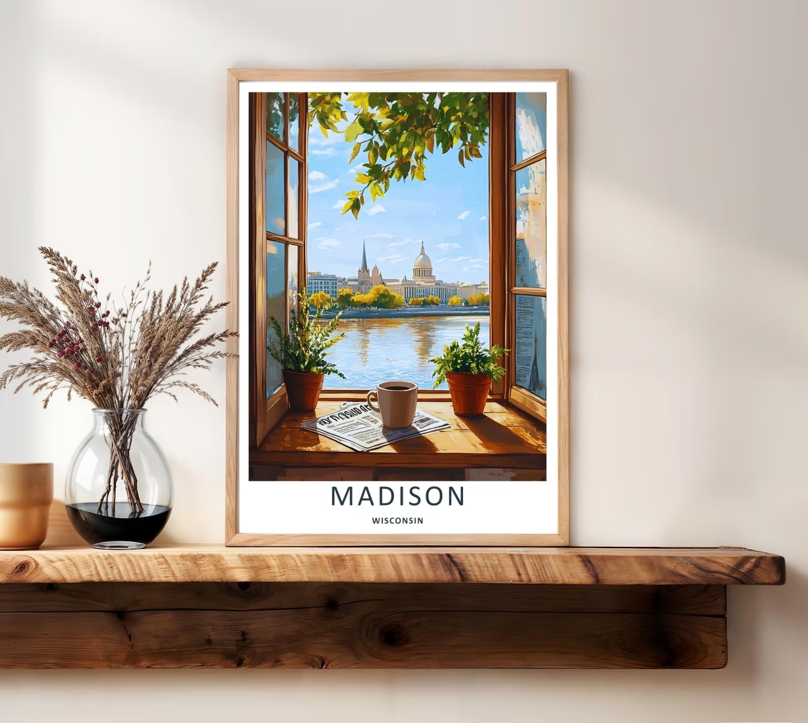 Madison Wisconsin Capitol Window Lake Art | Cozy Retro Travel Poster
