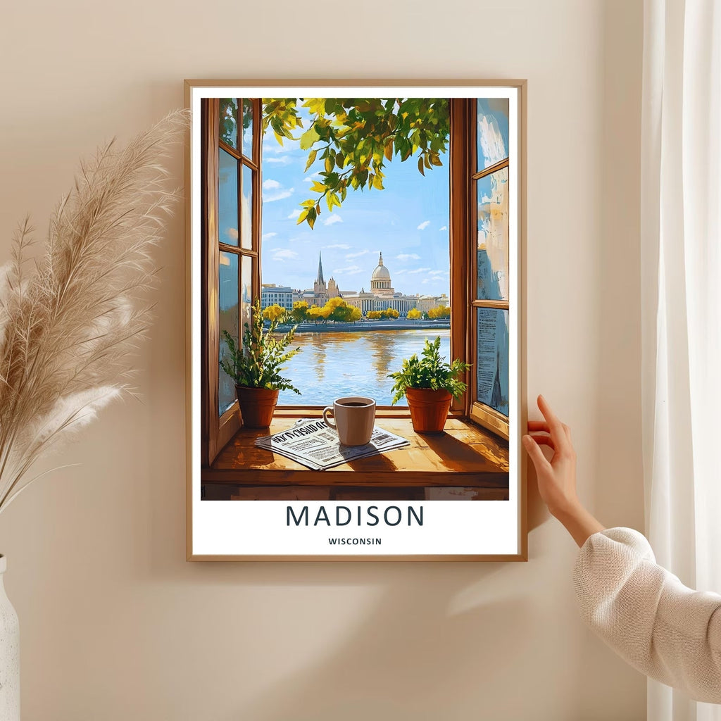 Madison Wisconsin Capitol Window Lake Art | Cozy Retro Travel Poster