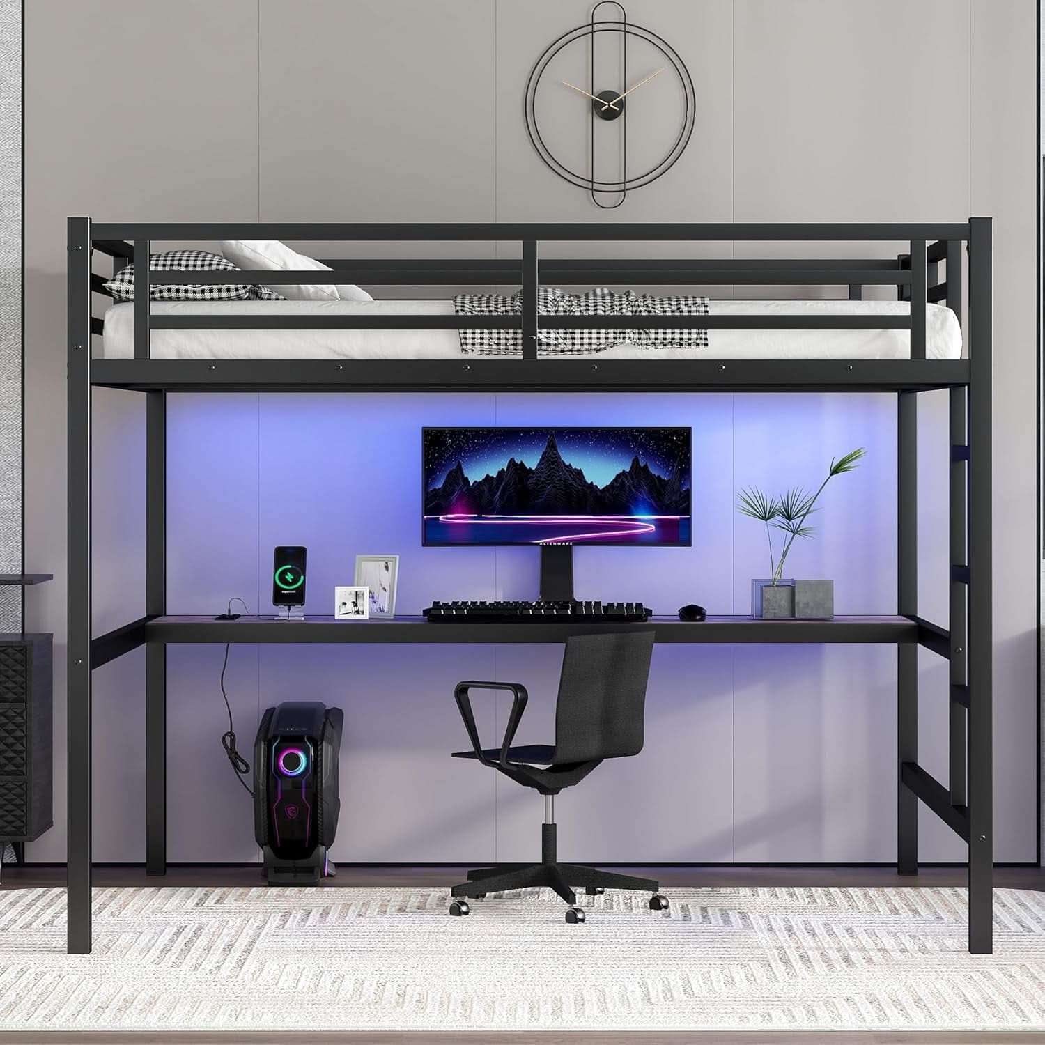 Full Size Metal Loft Bed Desk With Integrated USB Charging Black