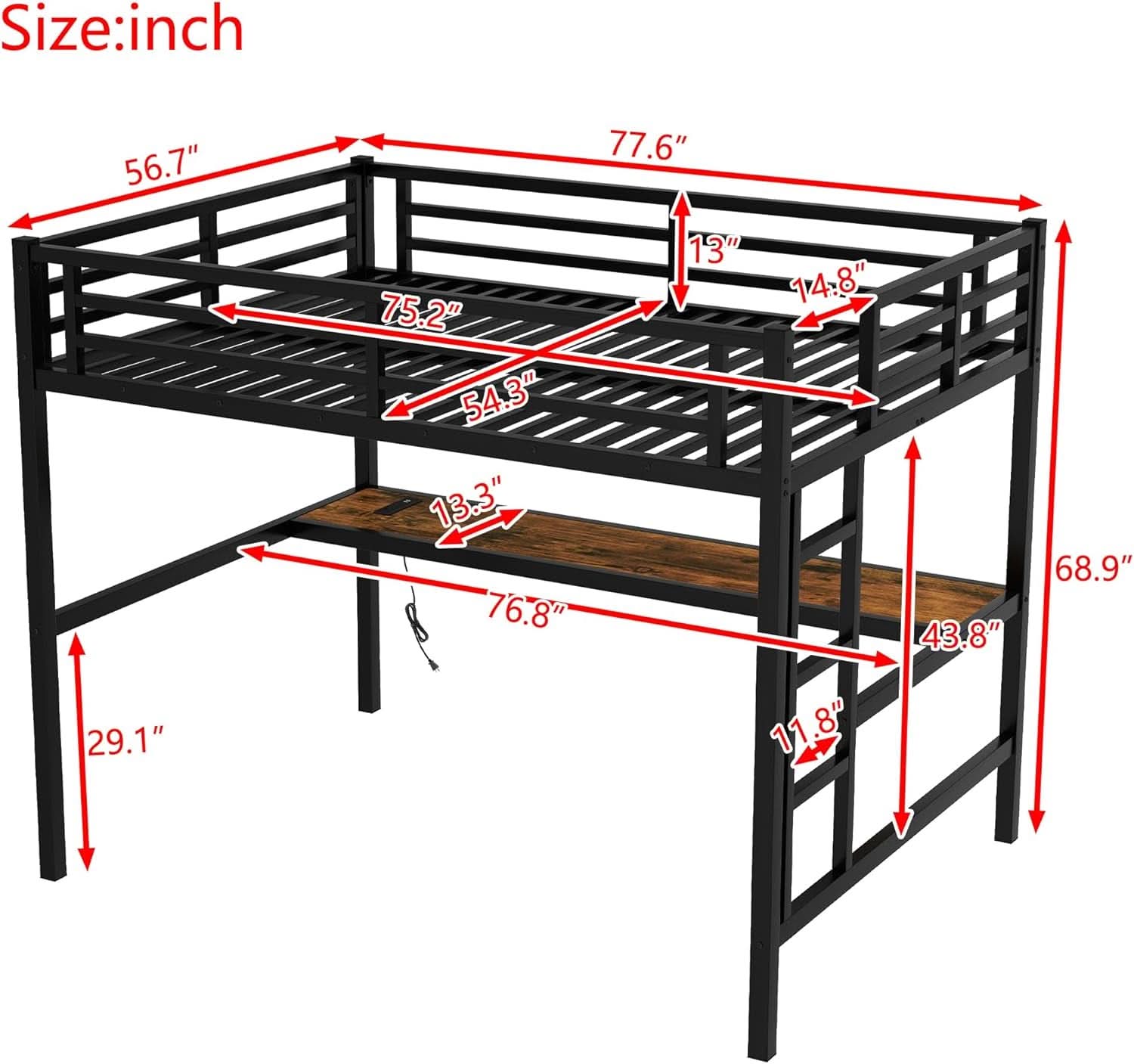 Full Size Metal Loft Bed Desk With Integrated USB Charging Black