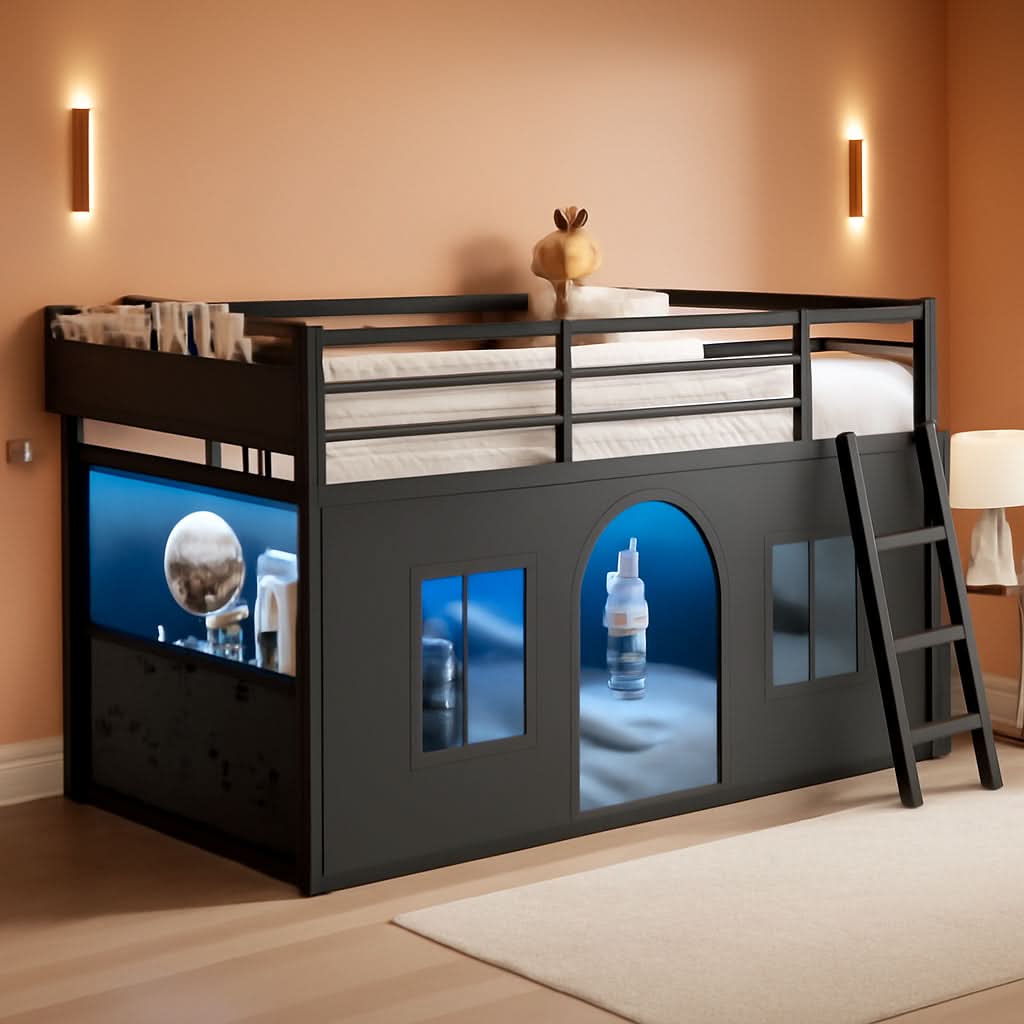 Black Twin Loft Bed Industrial Grade All Steel Frame LED