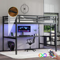Full Size Metal Loft Bed Desk With Integrated USB Charging Black