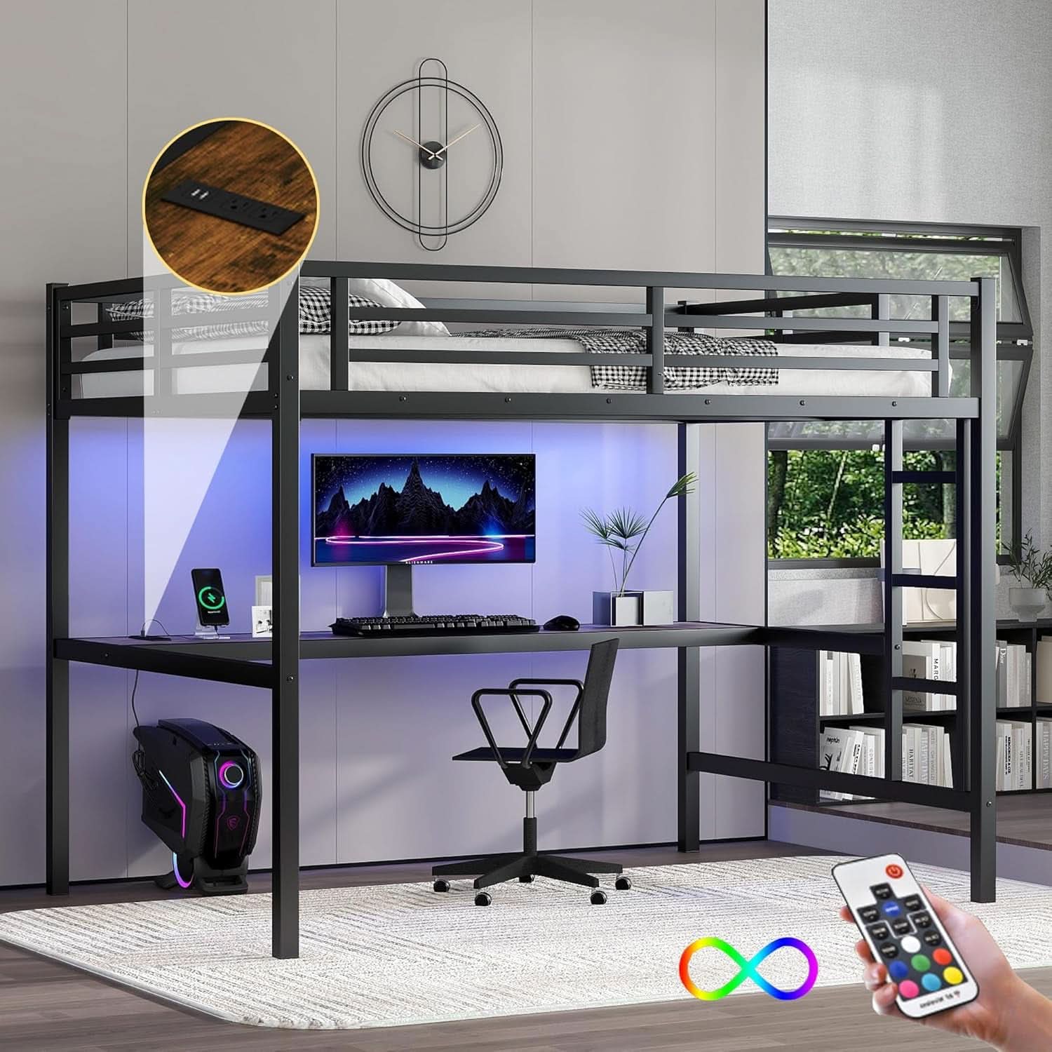 Full Size Metal Loft Bed Desk With Integrated USB Charging Black