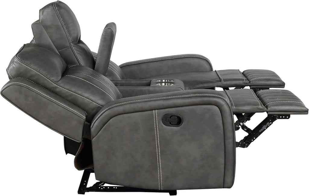 Gray Faux Leather Reclining Loveseat With Manual Recline