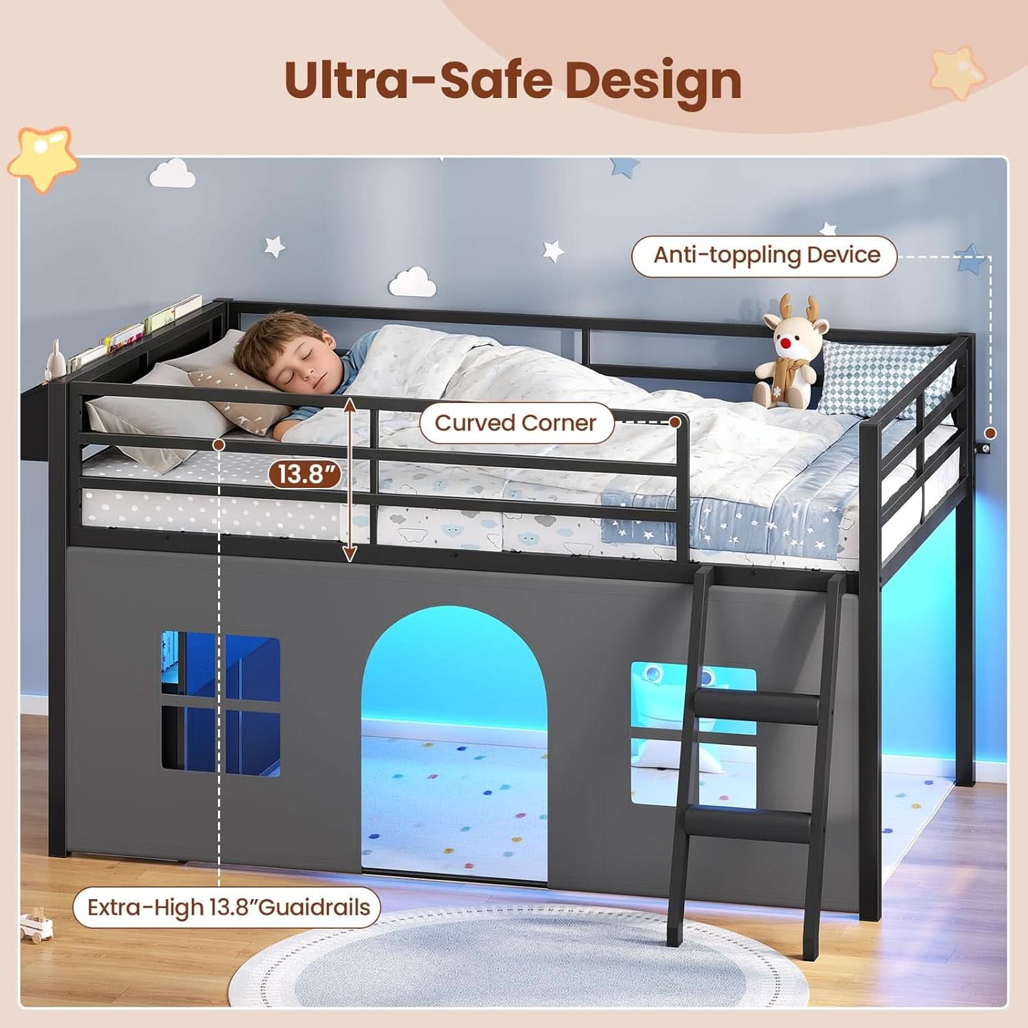 Black Twin Loft Bed Industrial Grade All Steel Frame LED
