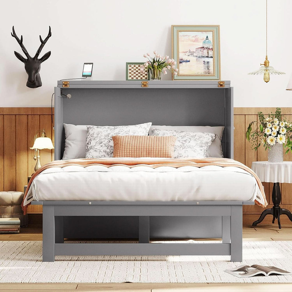 Gray Full Size Murphy Bed With Foldable Integrated USB Port Shelves