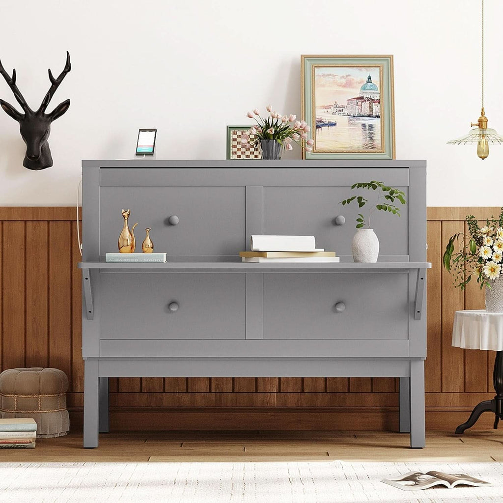 Gray Full Size Murphy Bed With Foldable Integrated USB Port Shelves