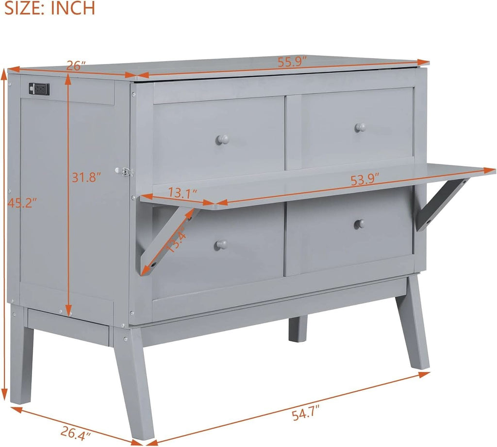 Gray Full Size Murphy Bed With Foldable Integrated USB Port Shelves