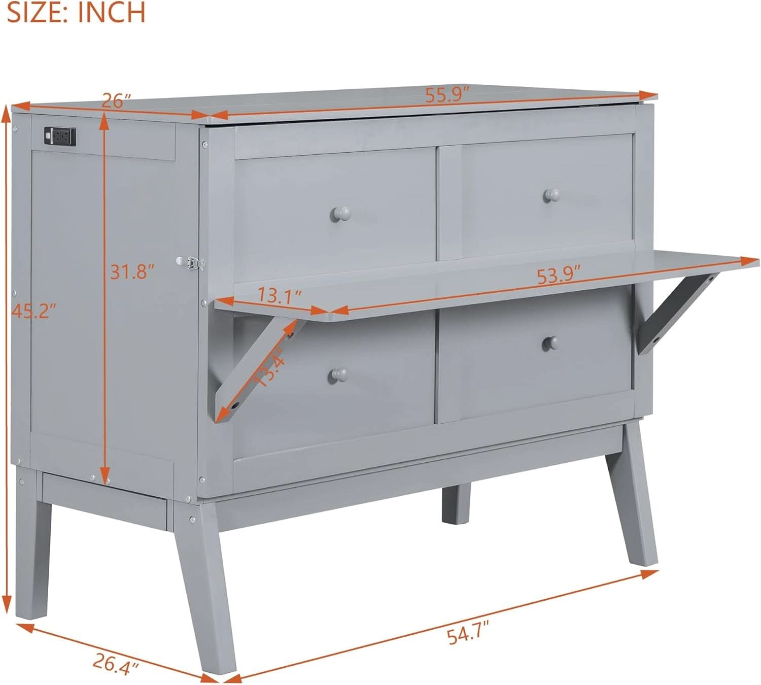 Gray Full Size Murphy Bed With Foldable Integrated USB Port Shelves