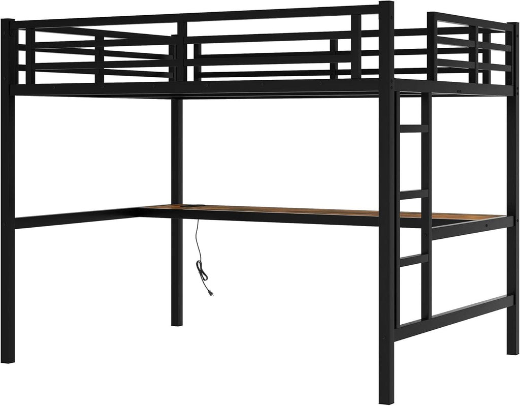 Full Size Metal Loft Bed Desk With Integrated USB Charging Black