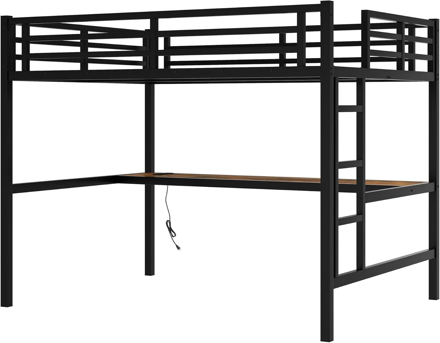 Full Size Metal Loft Bed Desk With Integrated USB Charging Black